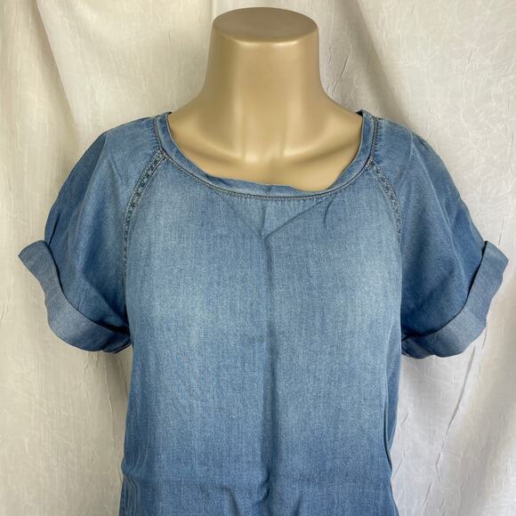 🌞 Light Blue Denim Chambray T-shirt Smock Shirt Forever 21 Life in Progress XS - Picture 2 of 16